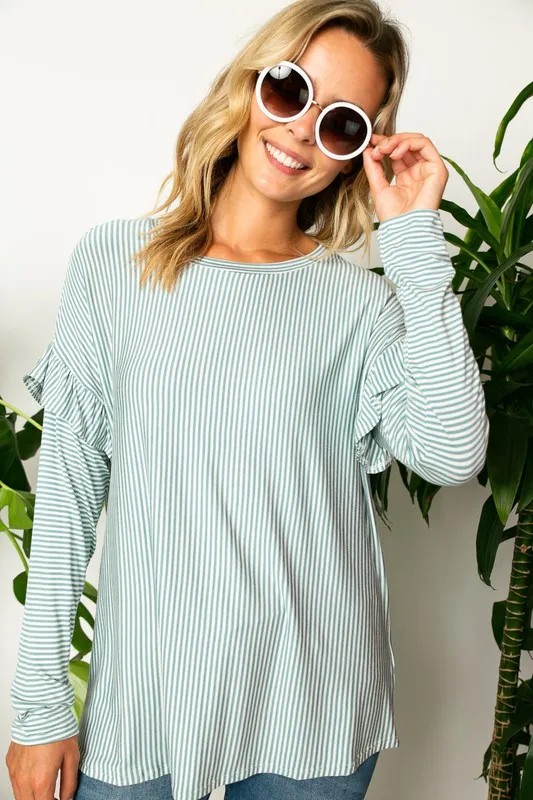 PIN STRIPE RUFFLED LONG SL TOP