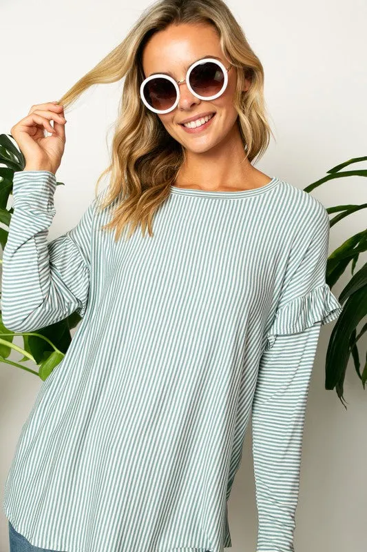 PIN STRIPE RUFFLED LONG SL TOP