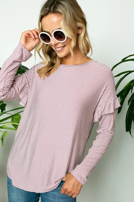 PIN STRIPE RUFFLED LONG SL TOP