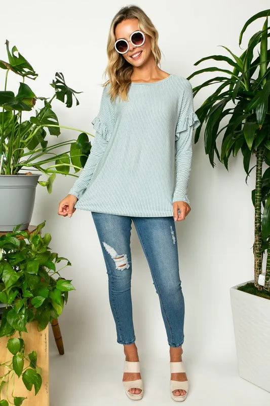 PIN STRIPE RUFFLED LONG SL TOP