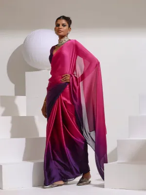 Pink & Purple Satin Chiffon Saree with Beads and Self-Blouse Fabric