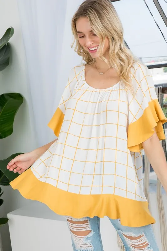 PLAID MIX RUFFLE PEASANT TOP