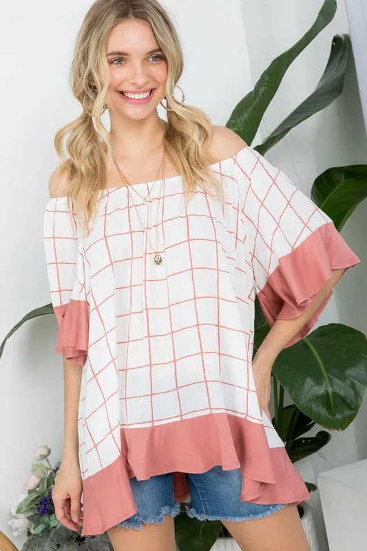 PLAID MIX RUFFLE PEASANT TOP
