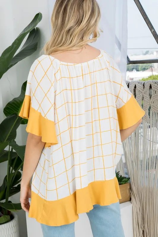 PLAID MIX RUFFLE PEASANT TOP