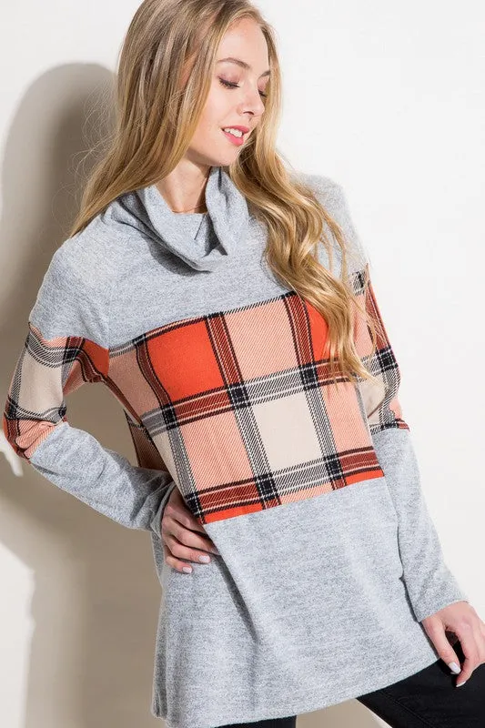 PLAID MIXED TURTLE NECK TOP