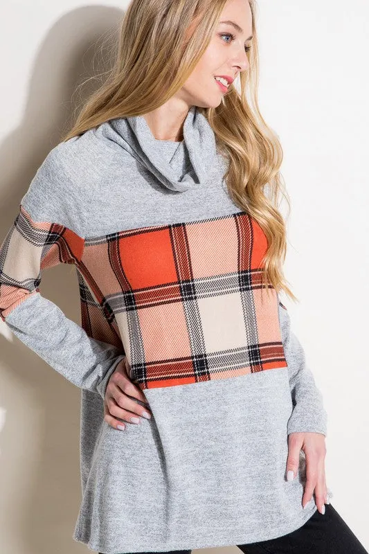 PLAID MIXED TURTLE NECK TOP