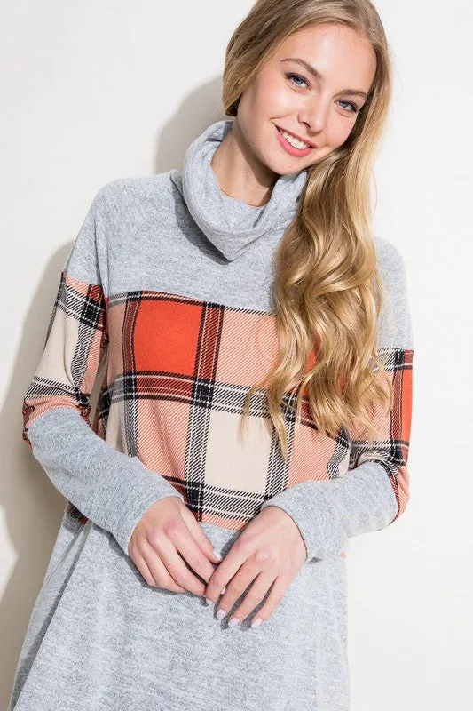 PLAID MIXED TURTLE NECK TOP