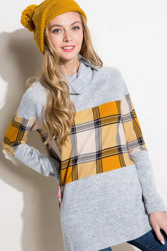 PLAID MIXED TURTLE NECK TOP