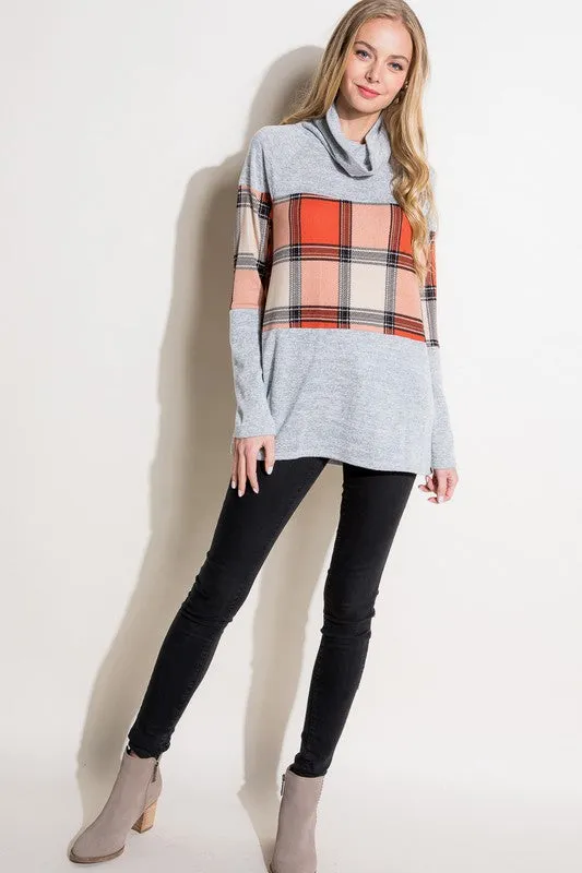 PLAID MIXED TURTLE NECK TOP
