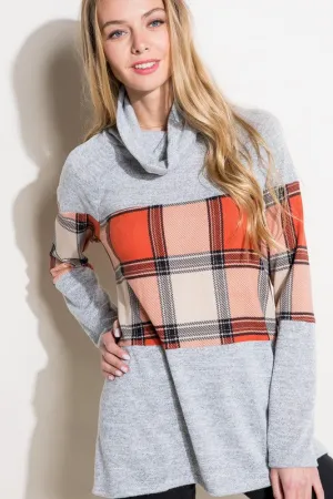 PLAID MIXED TURTLE NECK TOP