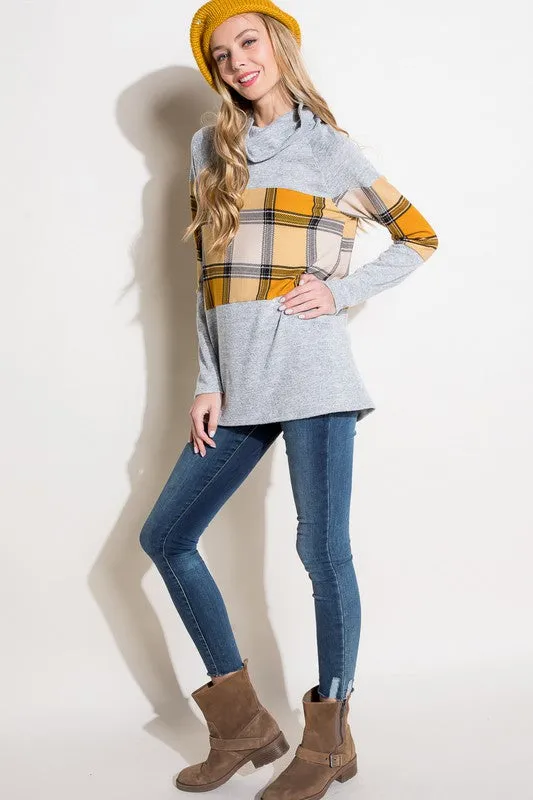 PLAID MIXED TURTLE NECK TOP