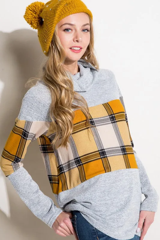 PLAID MIXED TURTLE NECK TOP