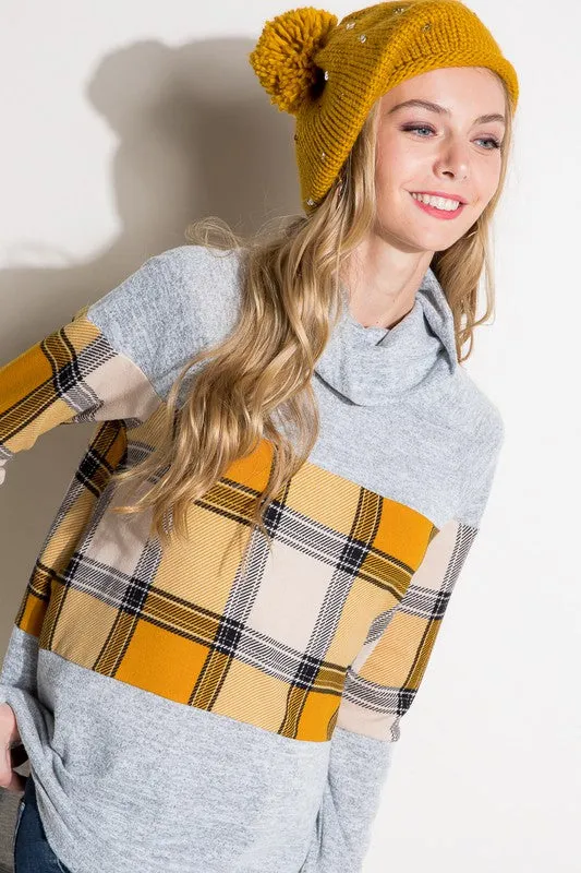 PLAID MIXED TURTLE NECK TOP