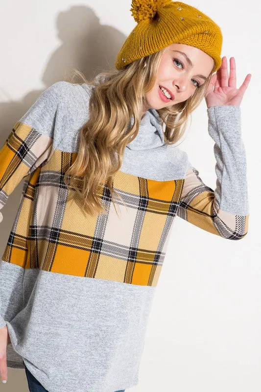 PLAID MIXED TURTLE NECK TOP