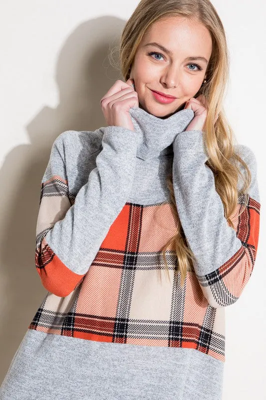 PLAID MIXED TURTLE NECK TOP