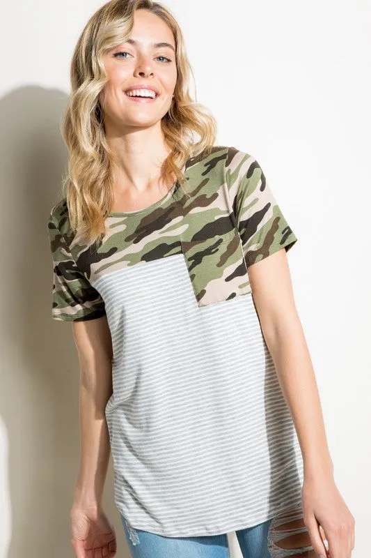 PLUS PIN STRIPE CAMO MIX POCKET TOP
