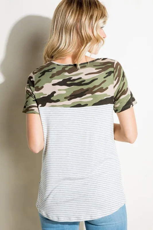 PLUS PIN STRIPE CAMO MIX POCKET TOP