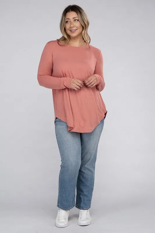 Plus Size Long Sleeve Round Neck Round Hem Top