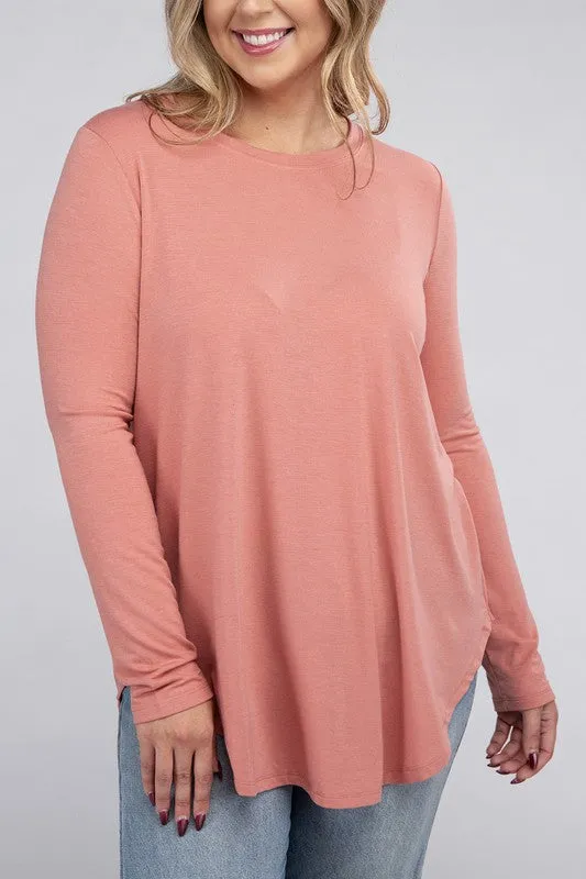 Plus Size Long Sleeve Round Neck Round Hem Top