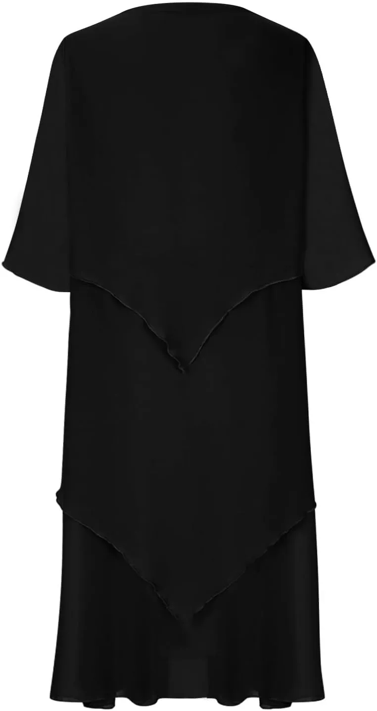 Plus Size Summer Midi Dresses for Women Elbow Length Sleeve Chiffon Overlay Dress Elegant Dressy Wedding Guest Cocktail Dress