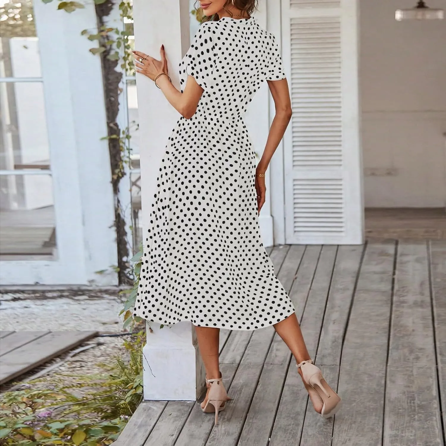 Polka Dot Dress for Women Midi Button Down Dress Short Sleeve V Neck Wedding Guest Dresses Tie Empire Waist Elegant Frocks