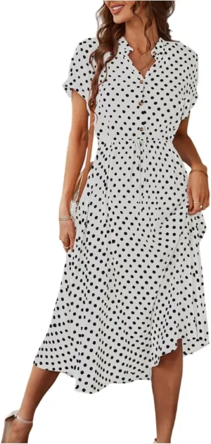 Polka Dot Dress for Women Midi Button Down Dress Short Sleeve V Neck Wedding Guest Dresses Tie Empire Waist Elegant Frocks
