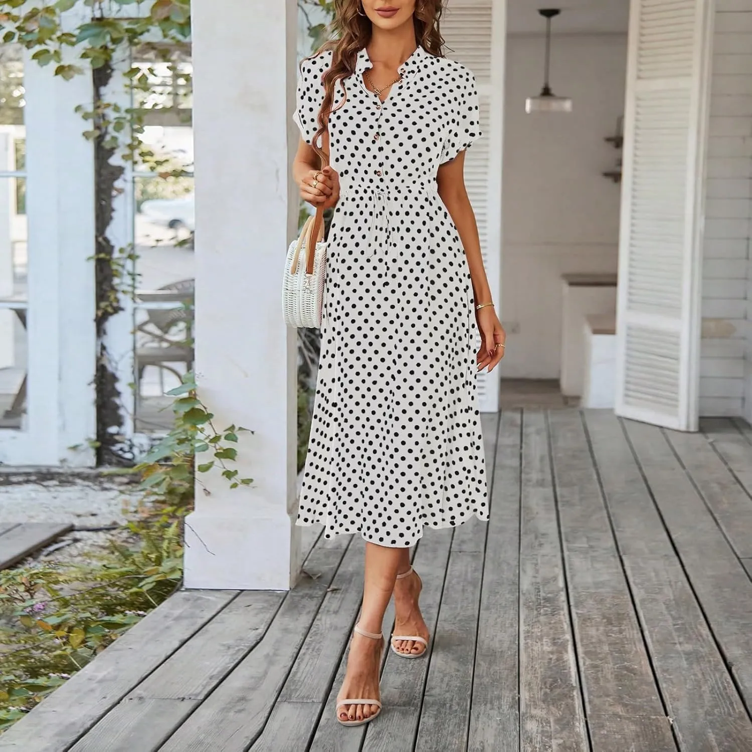 Polka Dot Dress for Women Midi Button Down Dress Short Sleeve V Neck Wedding Guest Dresses Tie Empire Waist Elegant Frocks