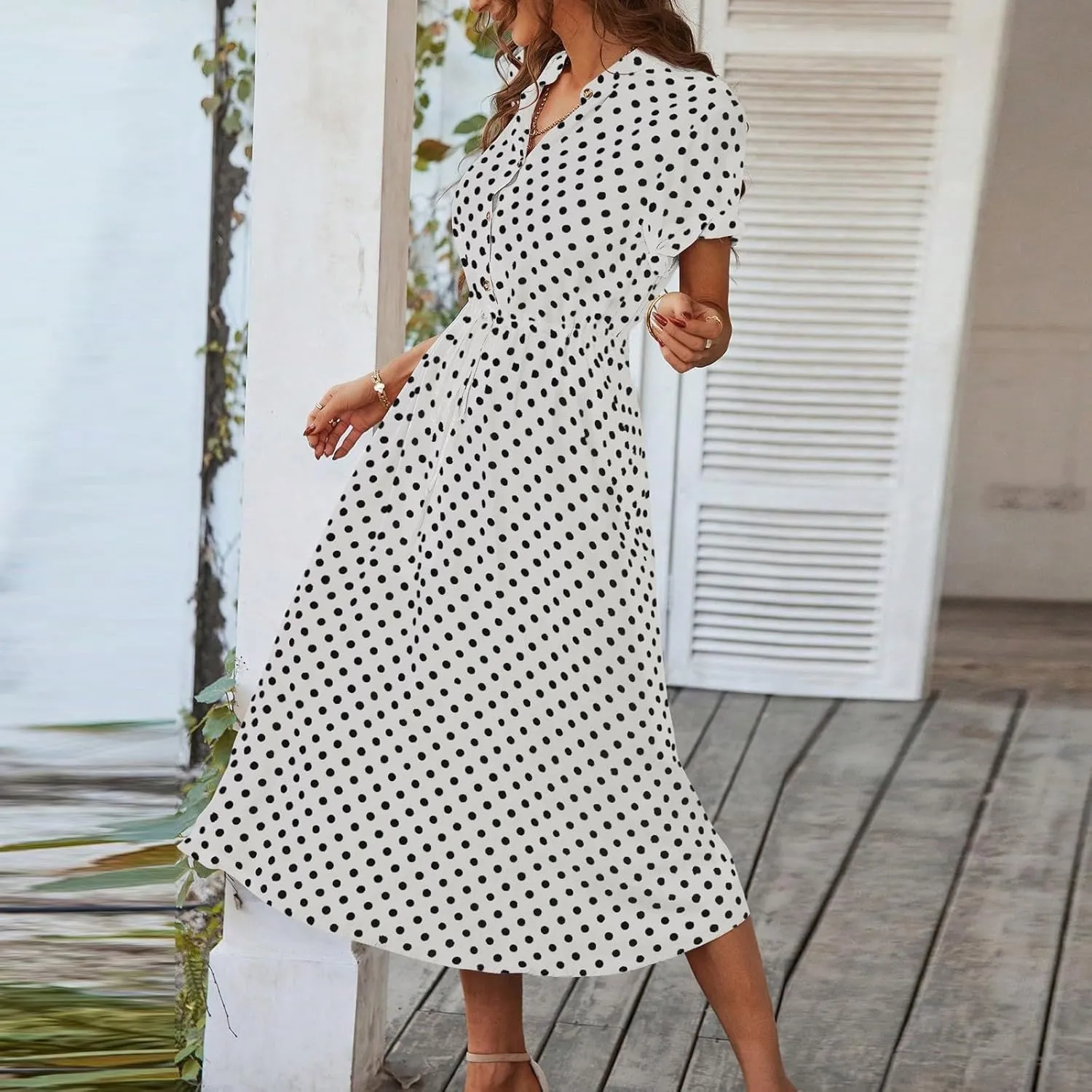 Polka Dot Dress for Women Midi Button Down Dress Short Sleeve V Neck Wedding Guest Dresses Tie Empire Waist Elegant Frocks