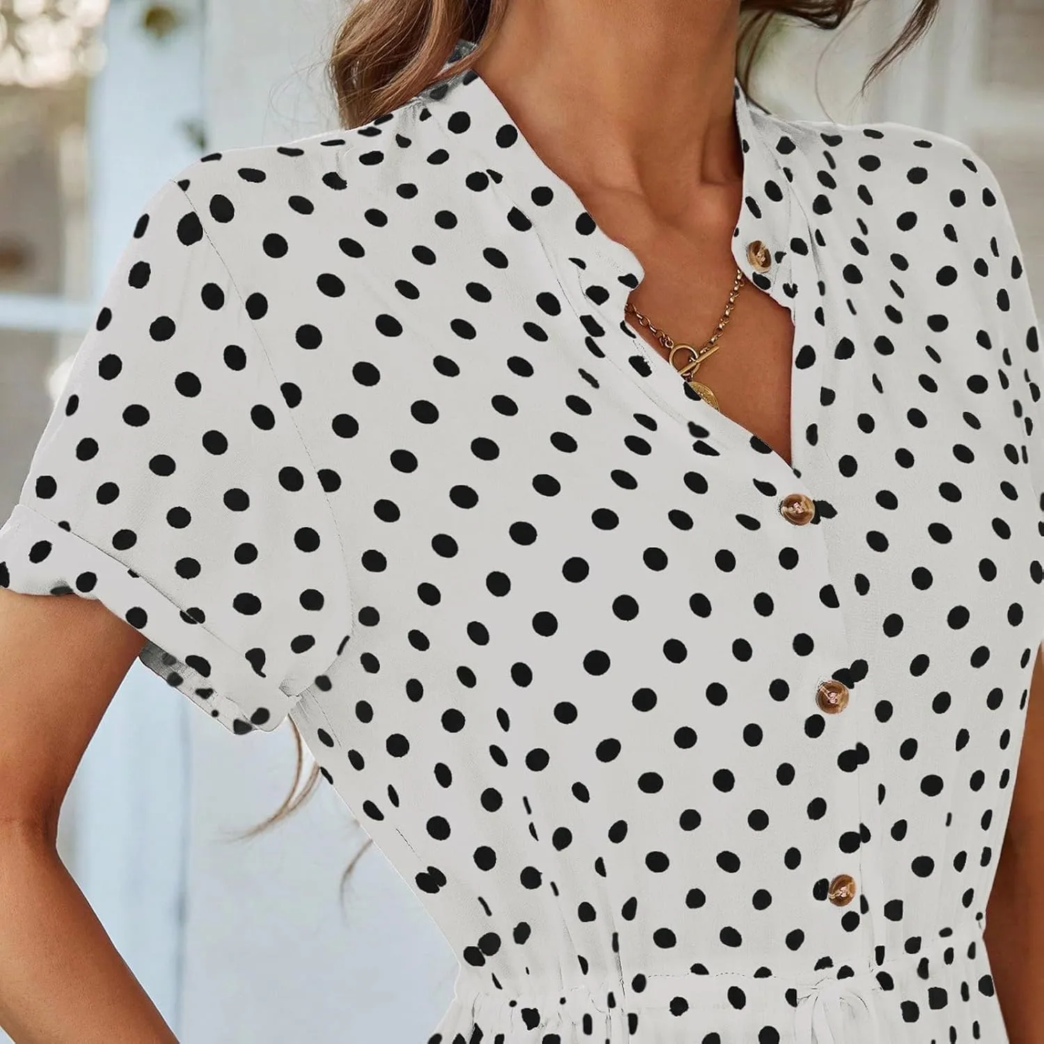 Polka Dot Dress for Women Midi Button Down Dress Short Sleeve V Neck Wedding Guest Dresses Tie Empire Waist Elegant Frocks