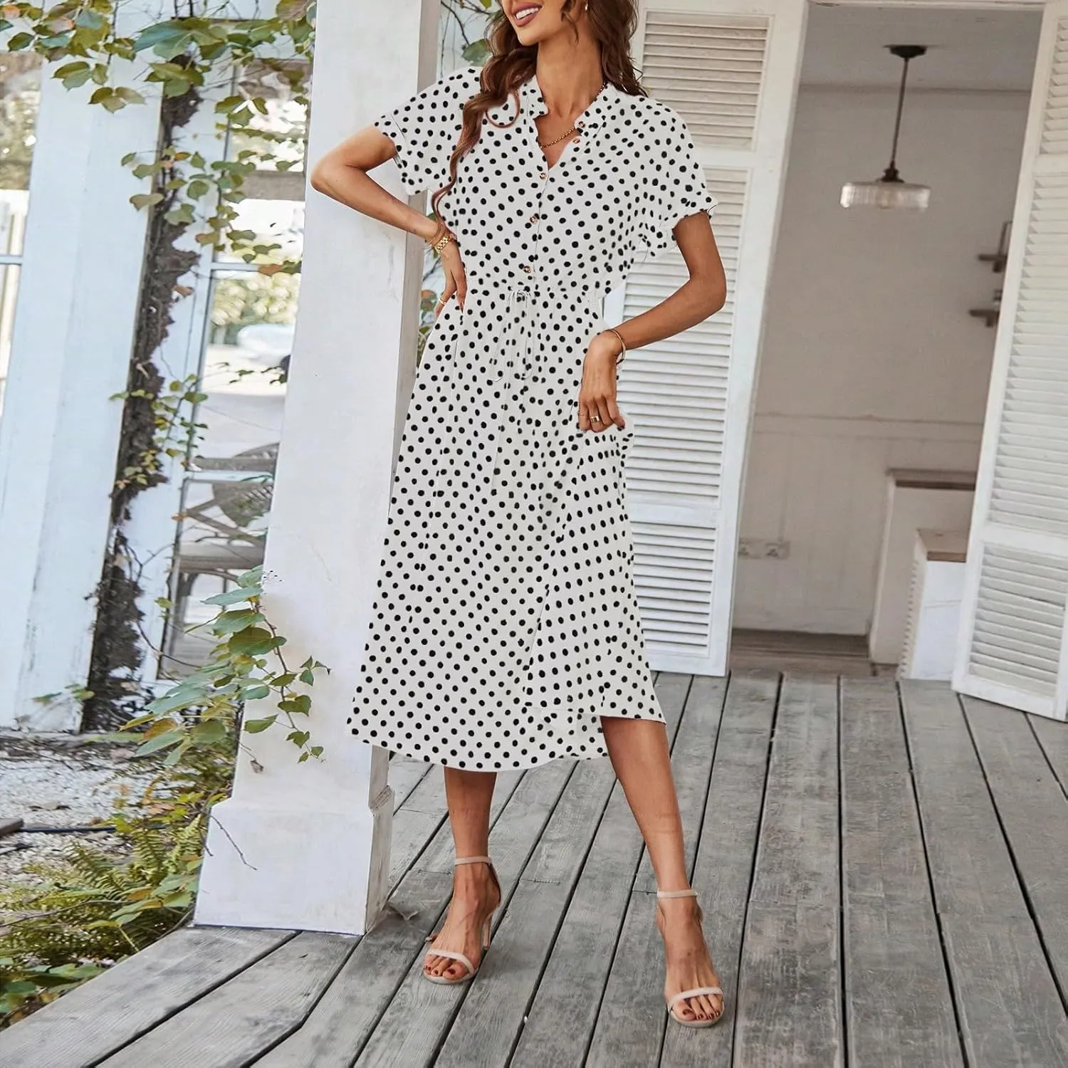 Polka Dot Dress for Women Midi Button Down Dress Short Sleeve V Neck Wedding Guest Dresses Tie Empire Waist Elegant Frocks