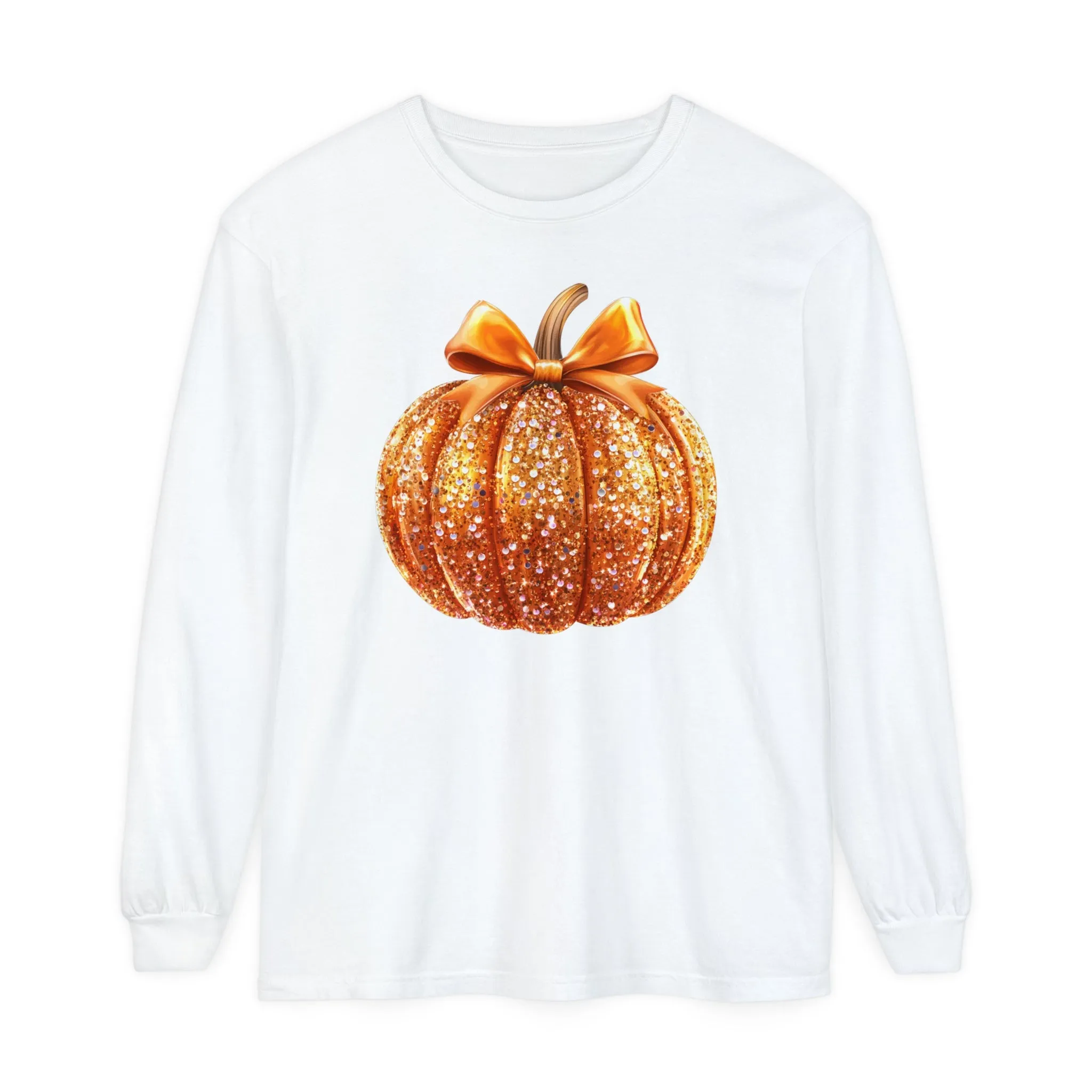 Pumpkin Sequin Long Sleeve Shirt, Halloween Orange Glitter Top & Bow, Comfort Colors Tee, Unisex Garment-dyed T-Shirt