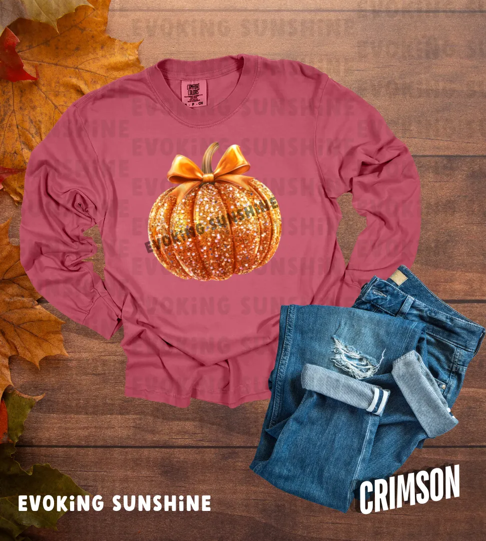 Pumpkin Sequin Long Sleeve Shirt, Halloween Orange Glitter Top & Bow, Comfort Colors Tee, Unisex Garment-dyed T-Shirt