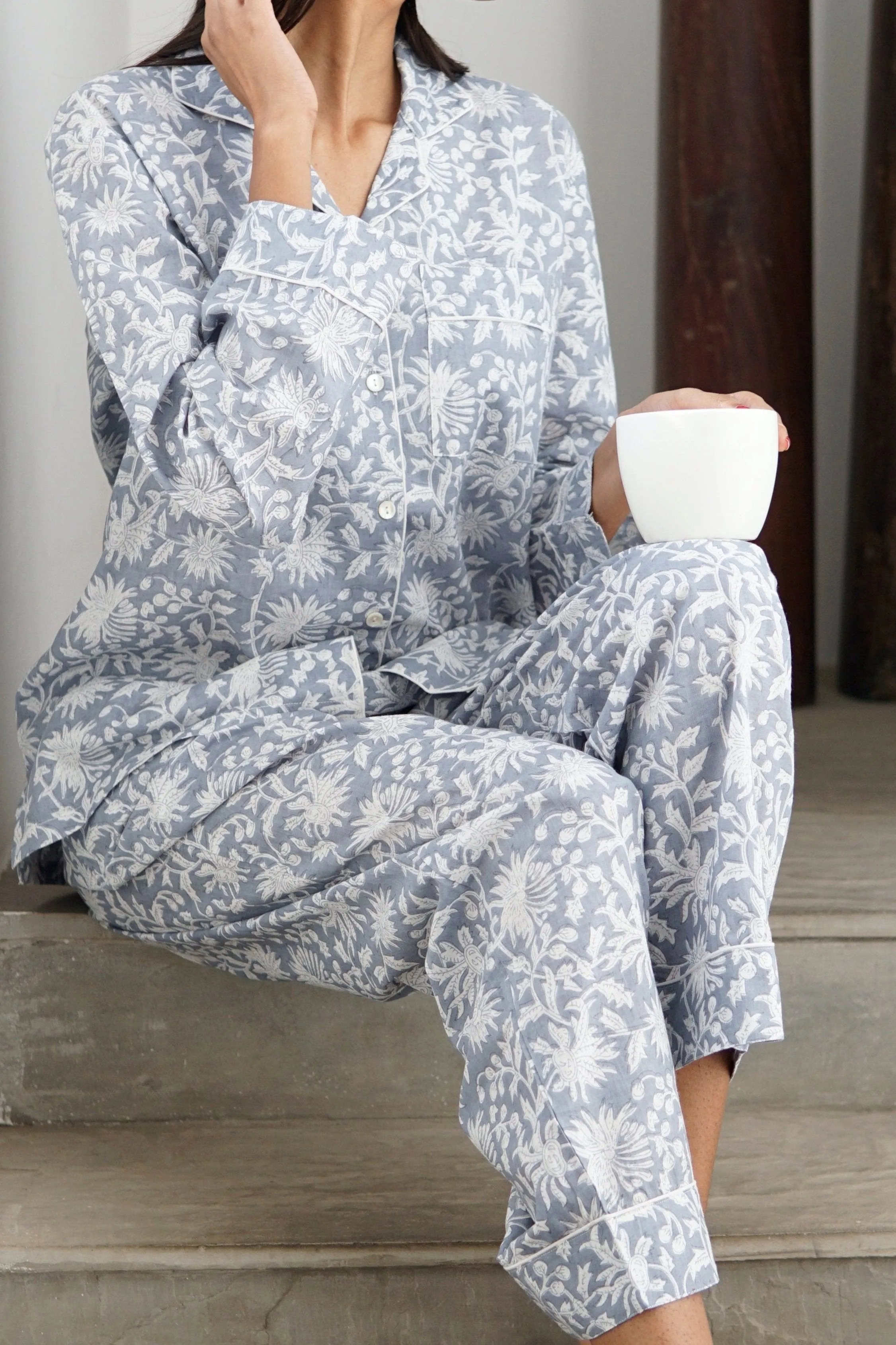 Pyjamas, handmade cotton pyjamas for women. silver grey and white cotton pyjamas, loungewear