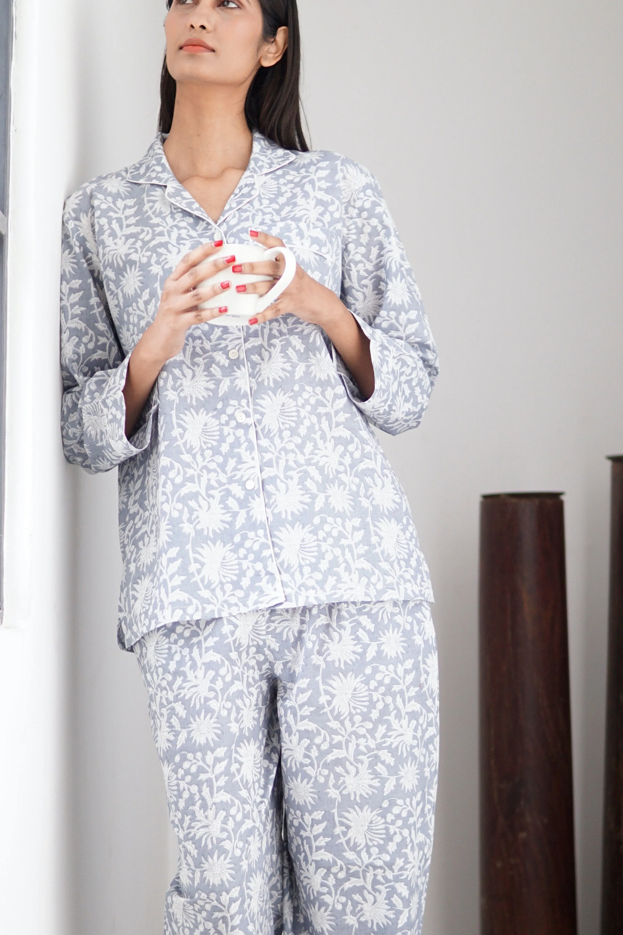 Pyjamas, handmade cotton pyjamas for women. silver grey and white cotton pyjamas, loungewear