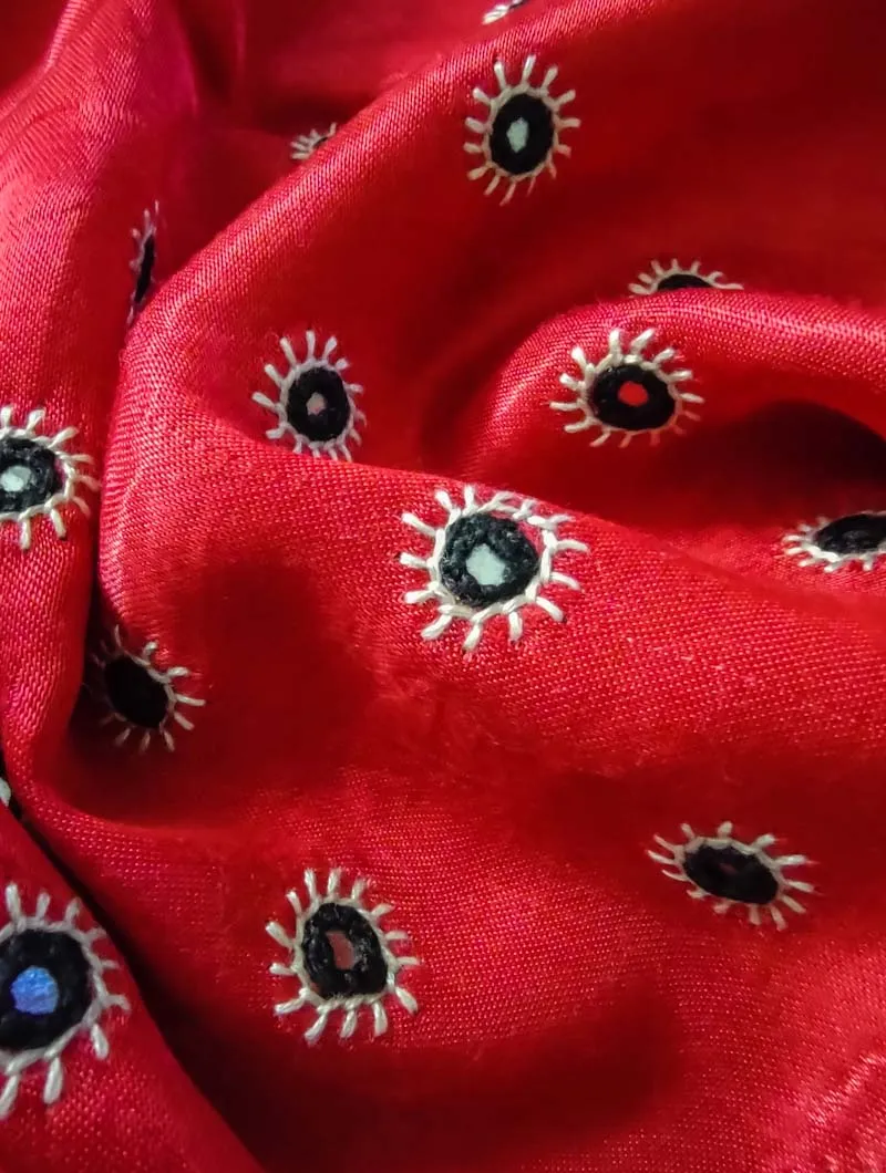 Red Mashru Embroidered Blouse Fabric
