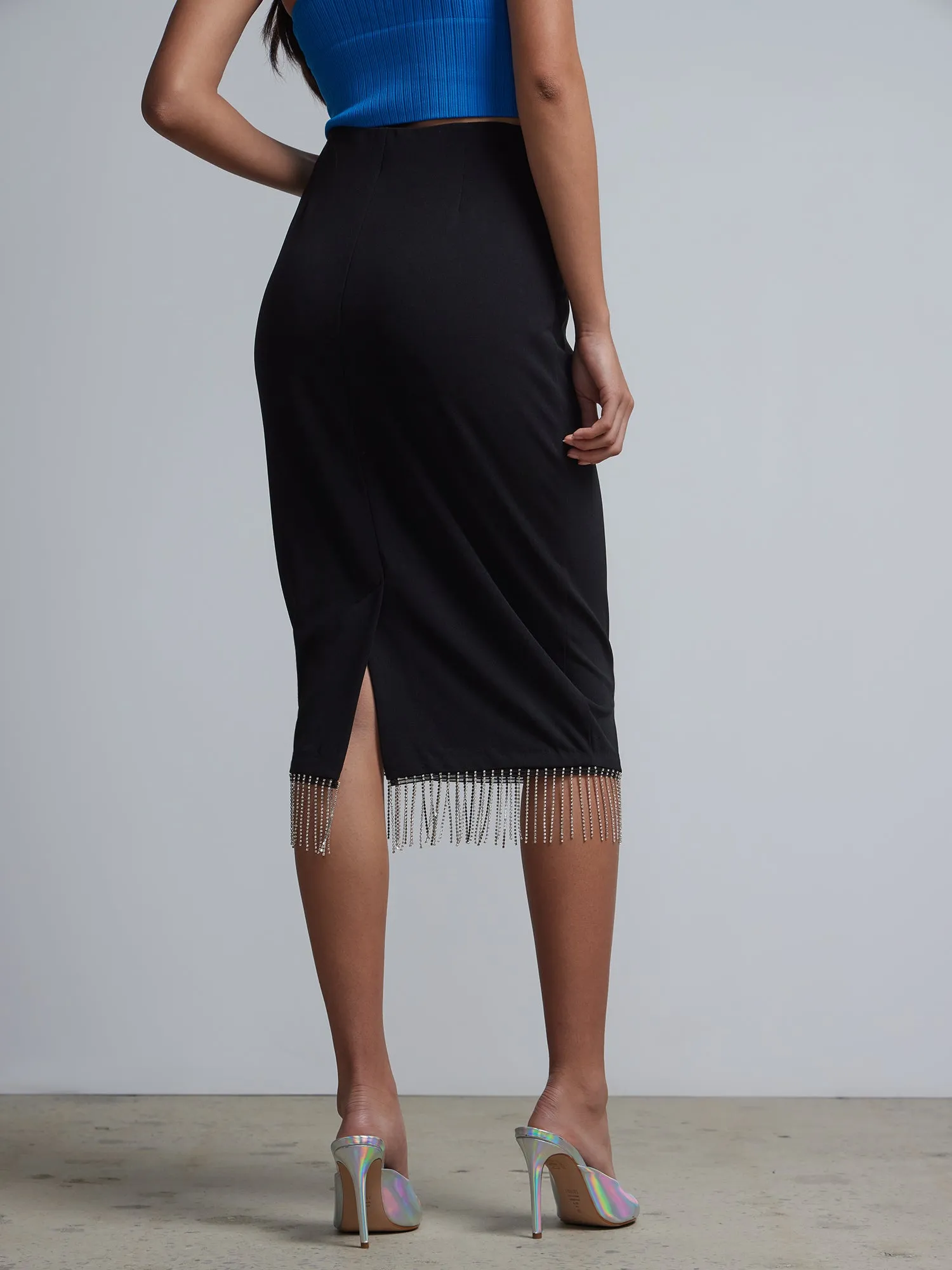 Rhinestone-Fringe Pencil Skirt
