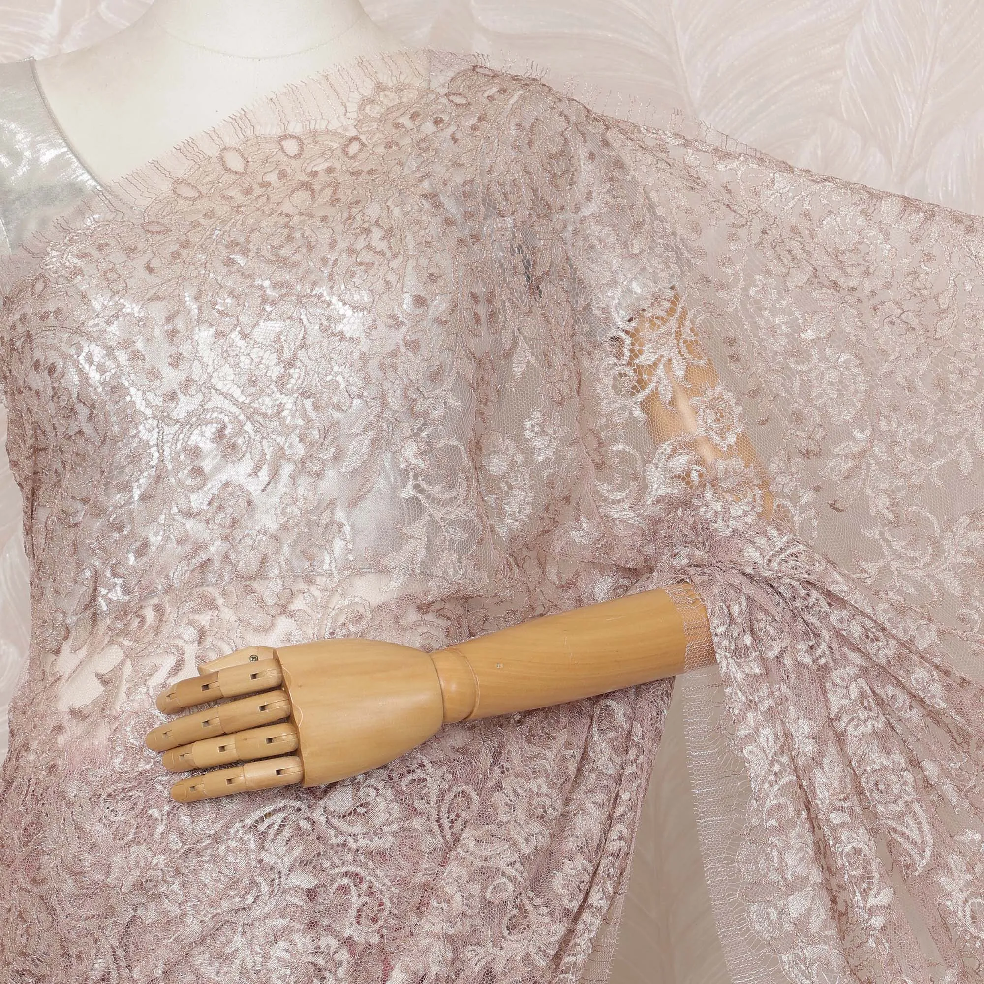 Rose Pink Metallic Premium French Chantilly Saree Lace - 5.5 Meters, Floral Design, 110 cm Width-D20769