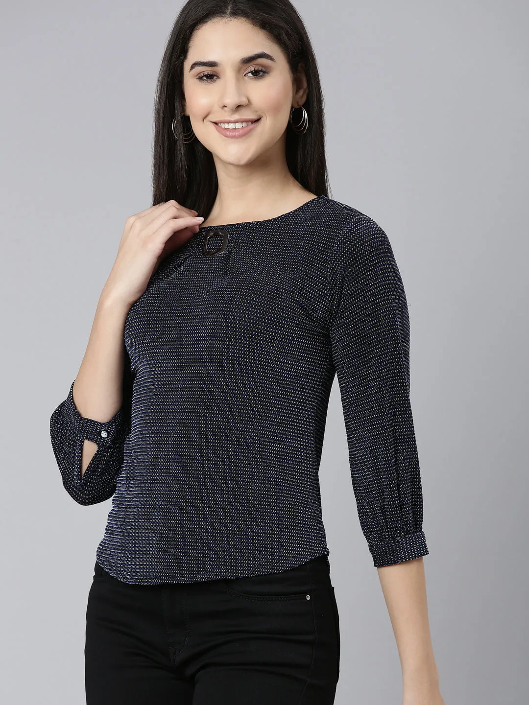Round Neck Cuffed Sleeves Embellished Navy Blue Regular Top