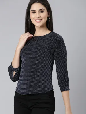 Round Neck Cuffed Sleeves Embellished Navy Blue Regular Top