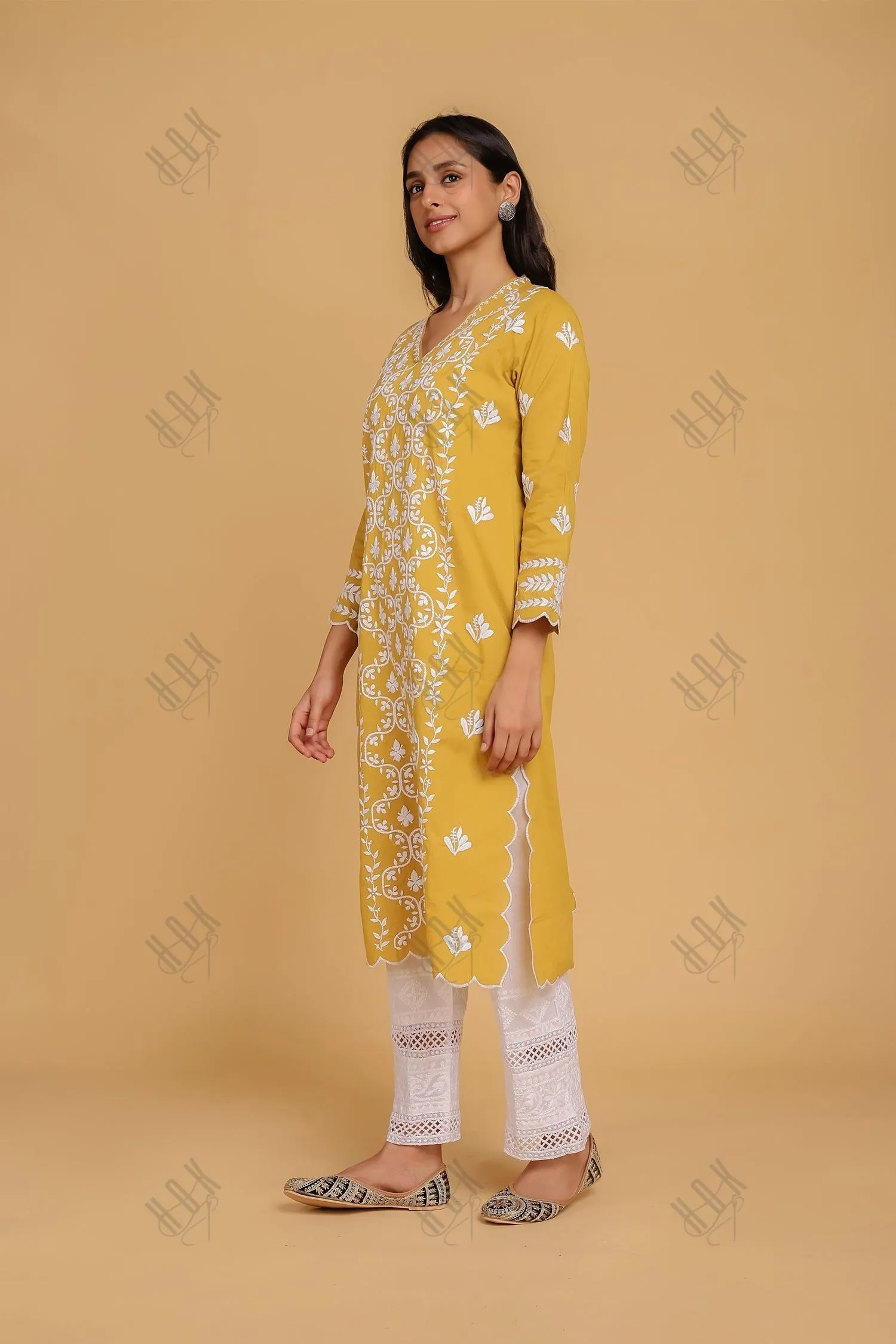 Saba Chikankari Long Kurta In Cotton - Mustard