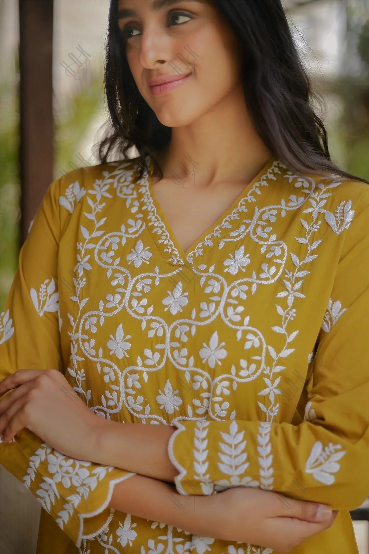 Saba Chikankari Long Kurta In Cotton - Mustard