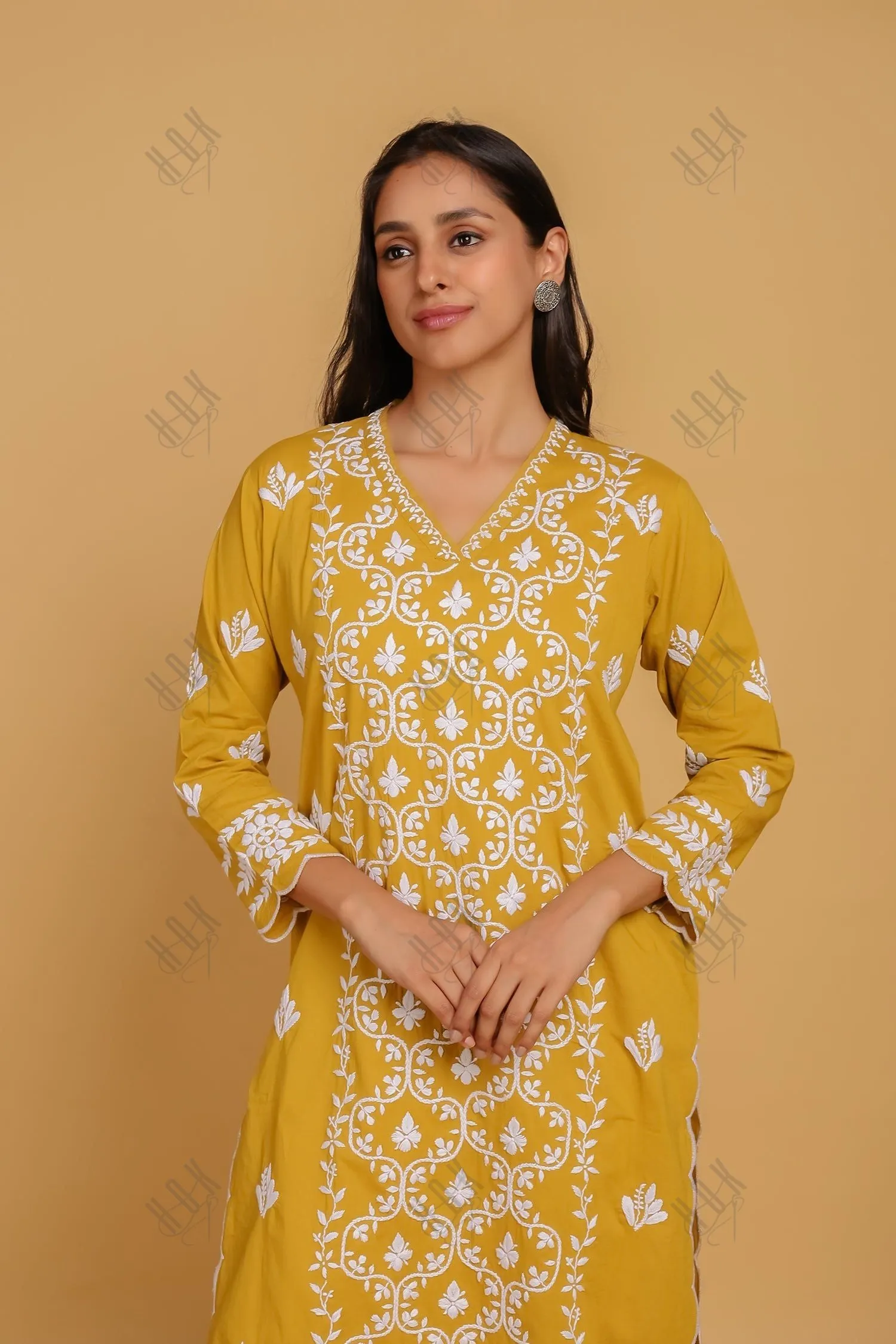 Saba Chikankari Long Kurta In Cotton - Mustard