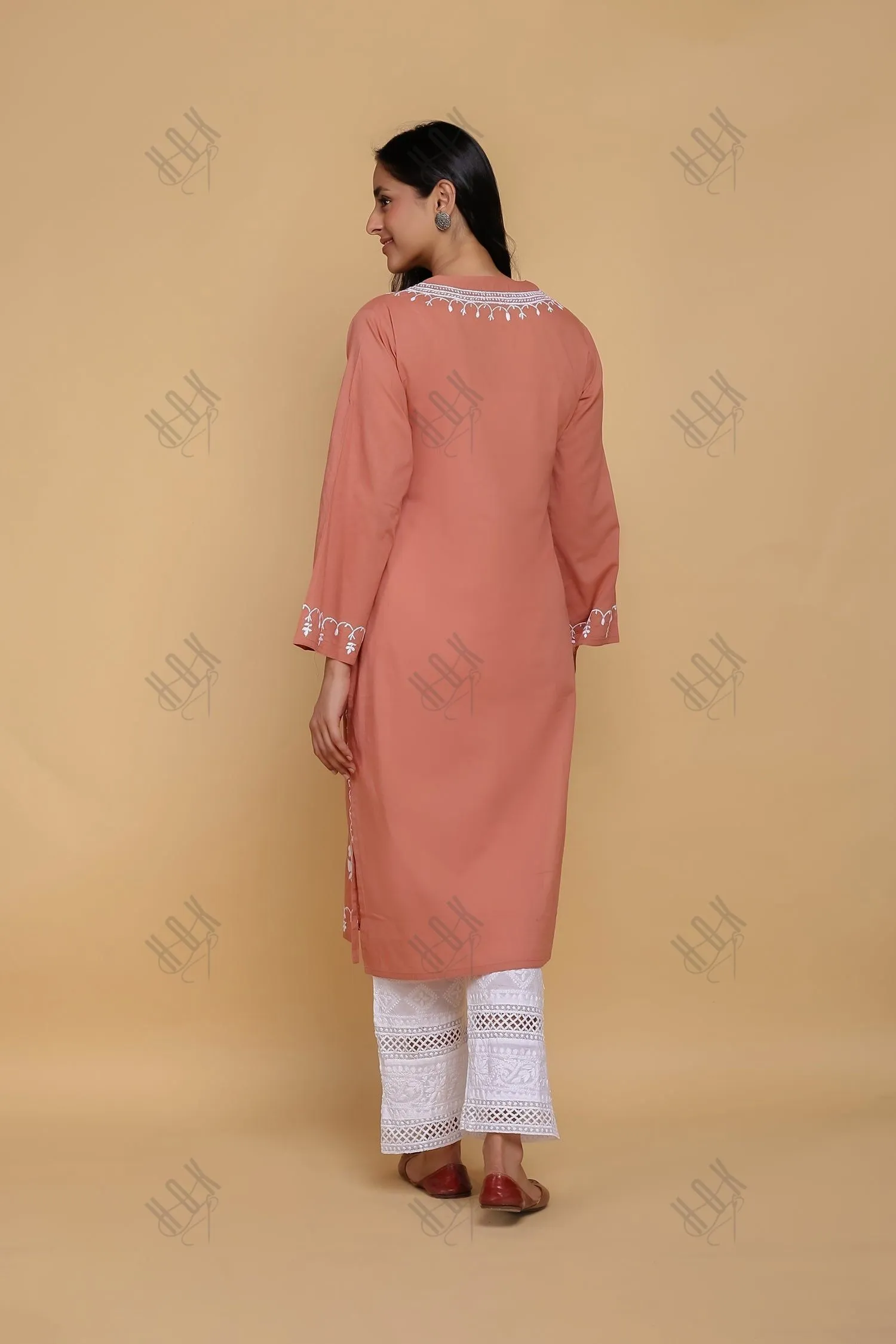 Saba Chikankari Long Kurta In Cotton - Orange