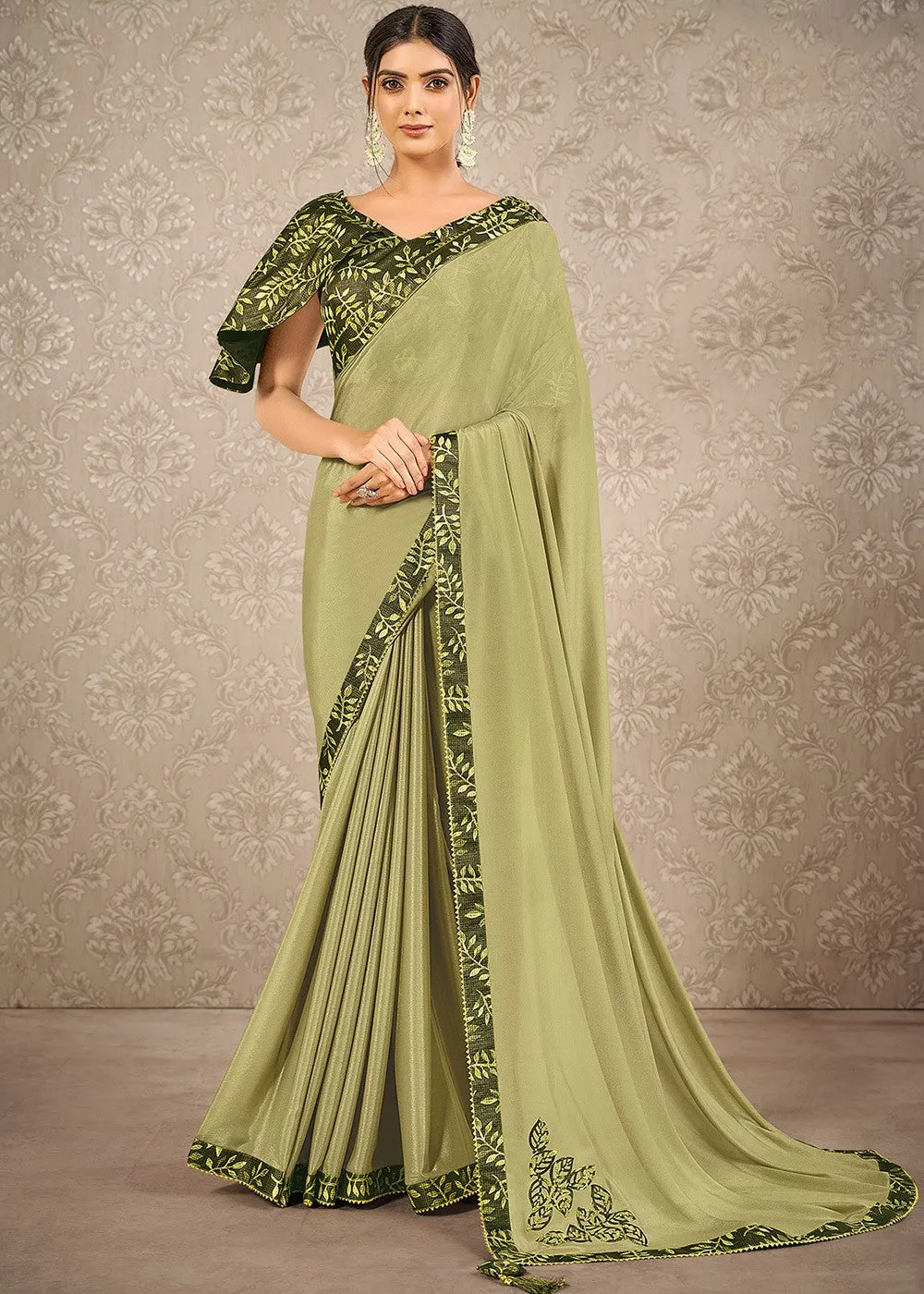 Sage Green Digital Print Silk Georgette Designer Saree