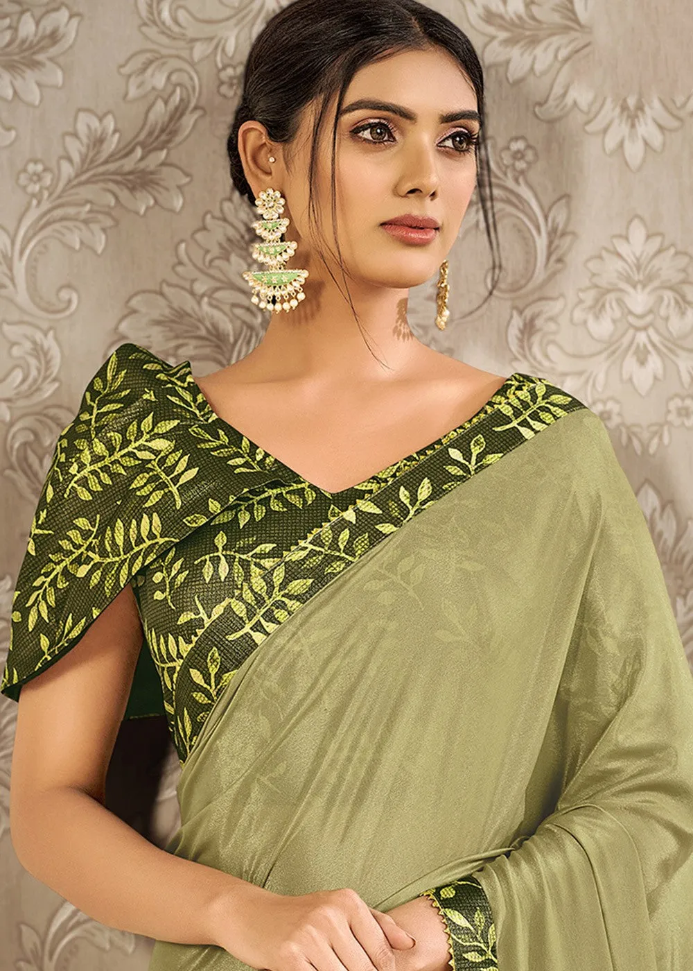 Sage Green Digital Print Silk Georgette Designer Saree