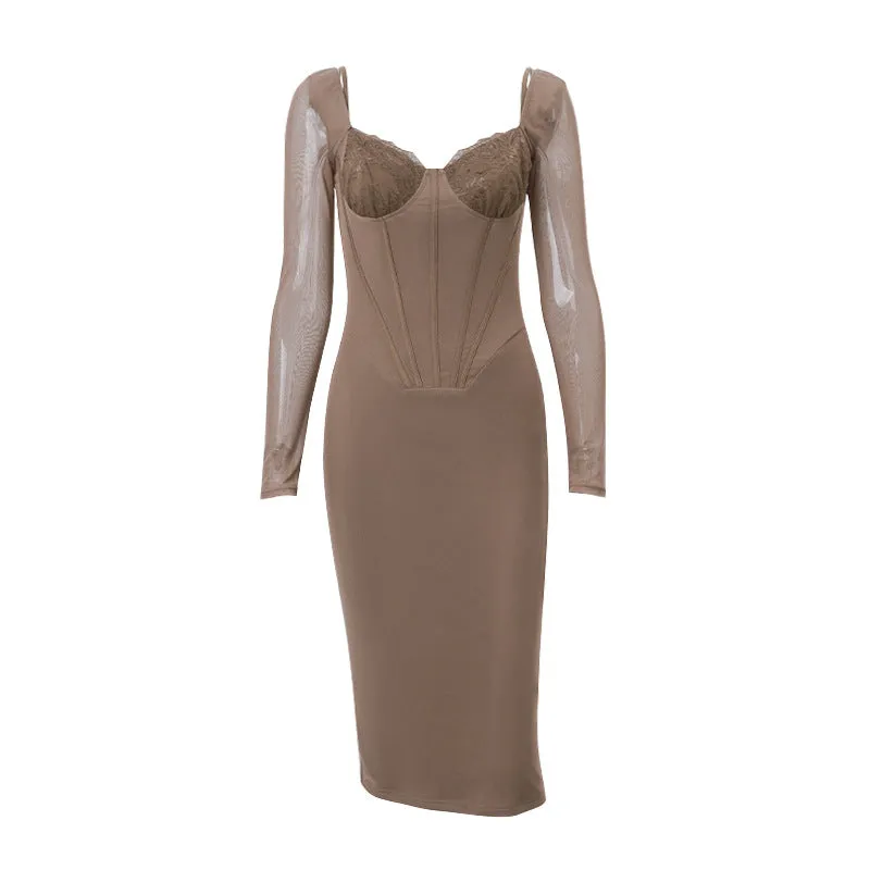Sculpted Allure: Fall Low-Cut Boning Corset Slim Fit Hip Raise Long Sleeve Dress