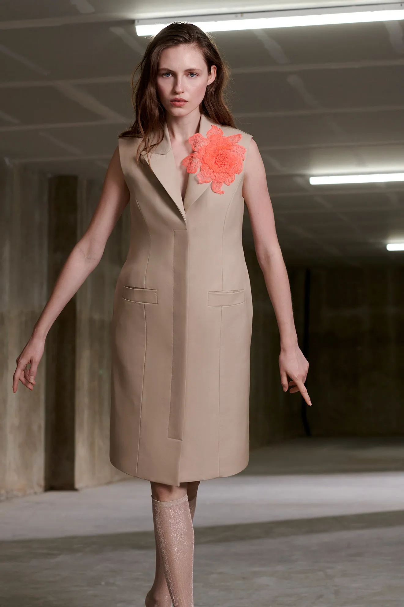 Sculpted Coatdress in Khaki Cotton Suiting