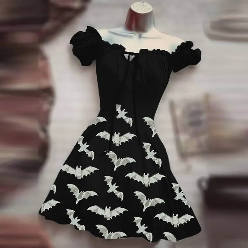 Skull Rose Print Puff Sleeve Mini Dress