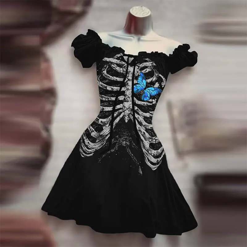 Skull Rose Print Puff Sleeve Mini Dress