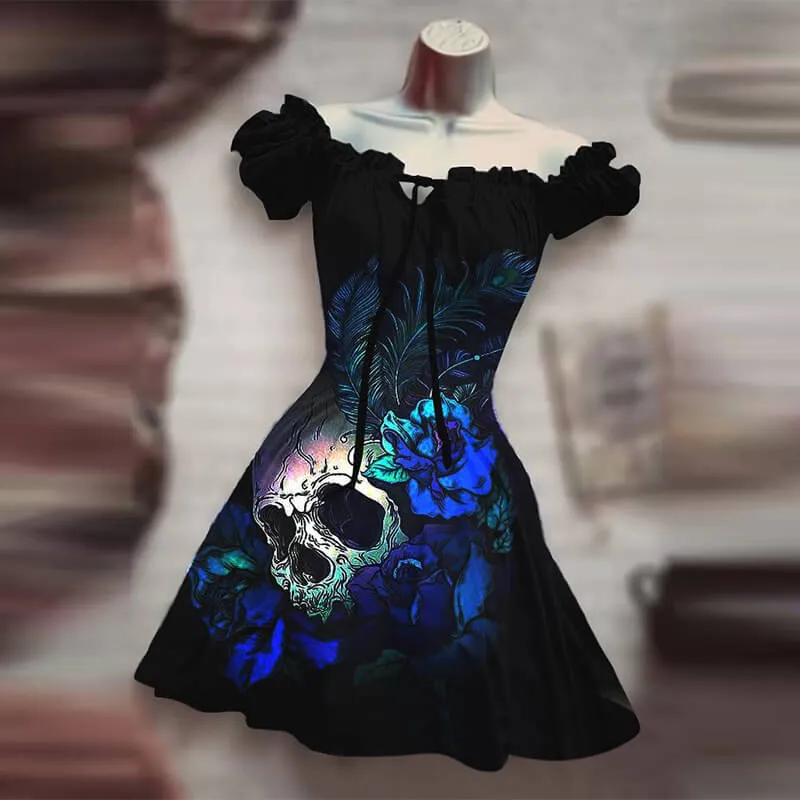 Skull Rose Print Puff Sleeve Mini Dress
